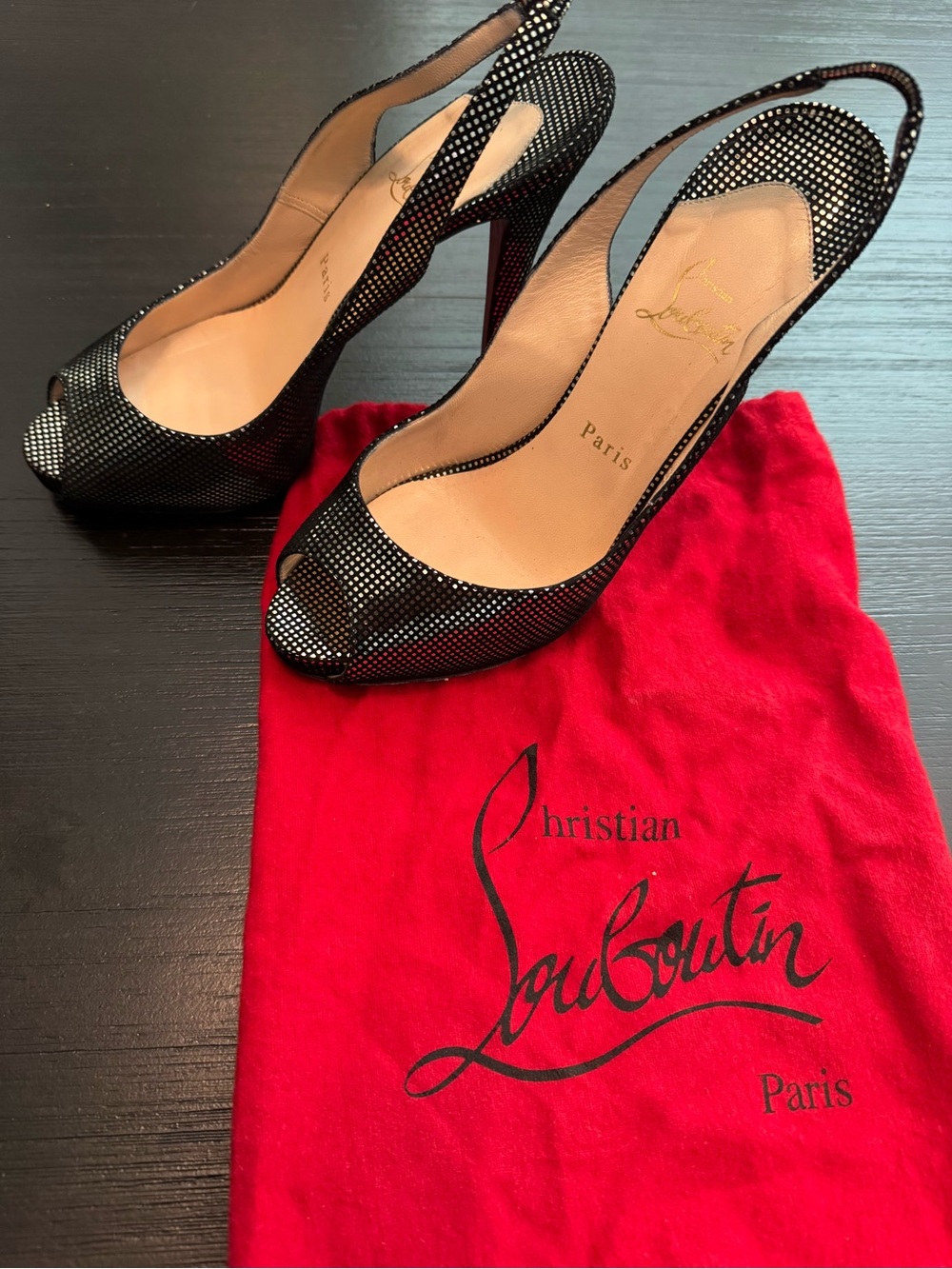Christian Louboutin Black Open-Toe Slingback Heels with Crystal Detailing